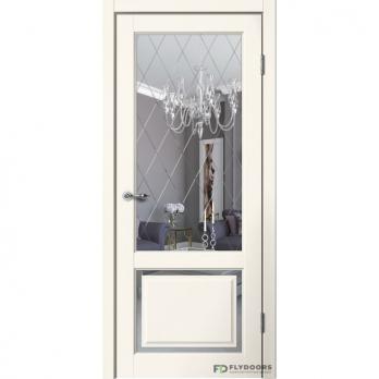 Межкомнатная дверь Эмалит E03 ПО ваниль, зеркало "Английская решётка"