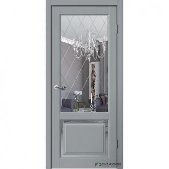 Межкомнатная дверь Эмалит E03 ПО Серый, зеркало "Английская решётка"
